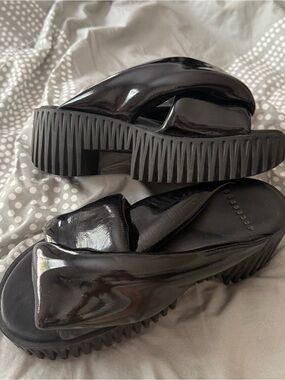 4CCCCCEES Patent Black Platform Slide Sandals for Women